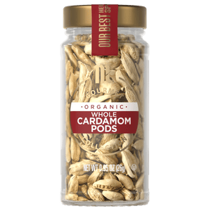 A jar of McCormick Organic Whole Cardamom pods.