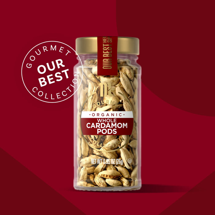 A jar of Gourmet Co. Whole Cardamom Pods is displayed against a red background, highlighted as part of the Our Best Collection.