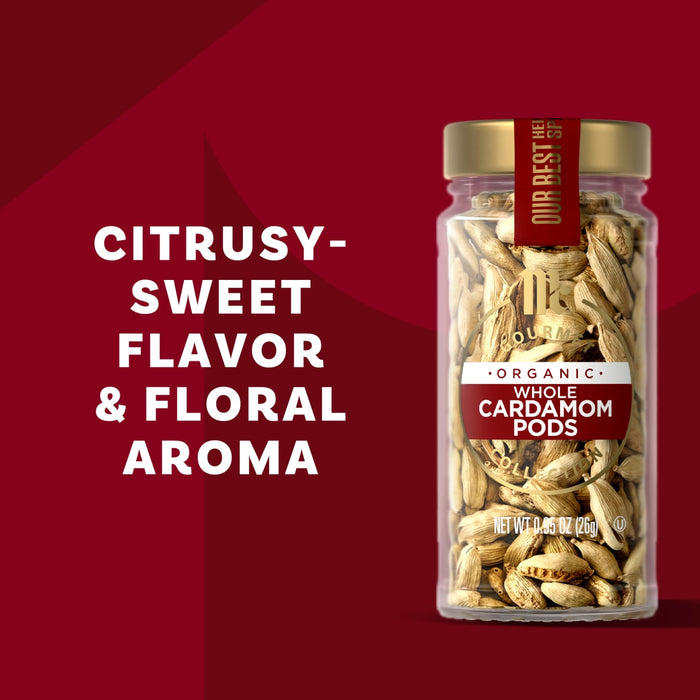 A jar of McCormick Cardamom Pods is displayed next to the text Citrusy-Sweet Flavor &amp; Floral Aroma.