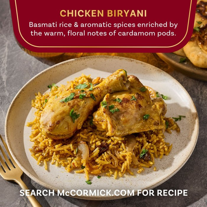McCormick Chicken Biryani features basmati rice and aromatic spices enriched by the warm floral notes of cardamom pods.
