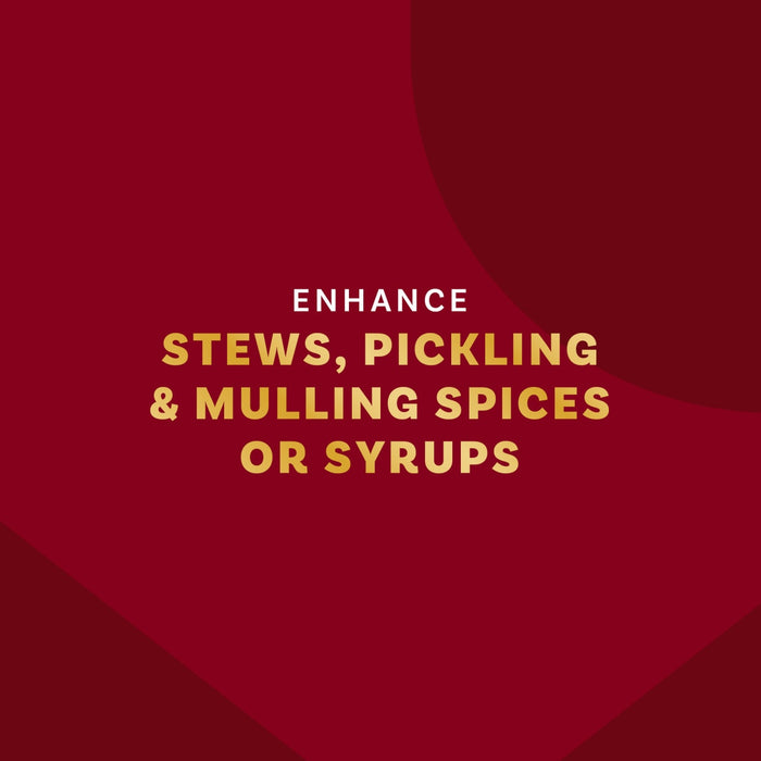 The image promotes enhancing stews, pickling, mulling spices, or syrups.
