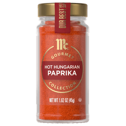 A jar of McCormick Gourmet Hot Hungarian Paprika is displayed.