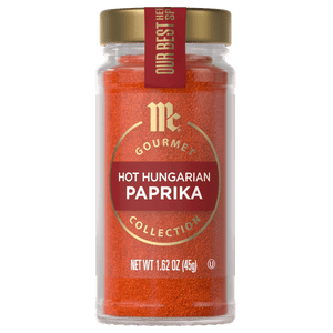A jar of McCormick Gourmet Hot Hungarian Paprika is displayed.
