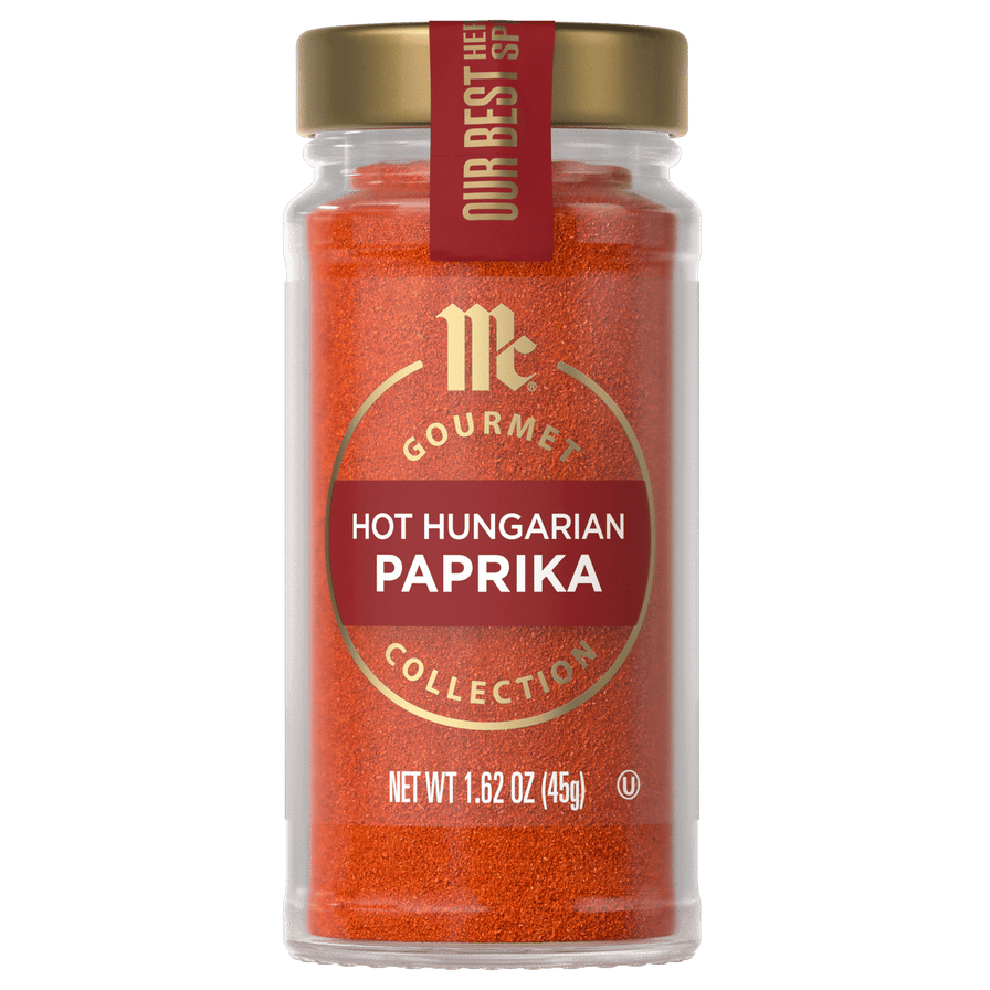 A jar of McCormick Gourmet Hot Hungarian Paprika is displayed.