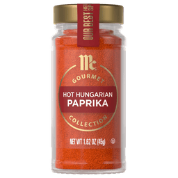 A jar of McCormick Gourmet Hot Hungarian Paprika is displayed.
