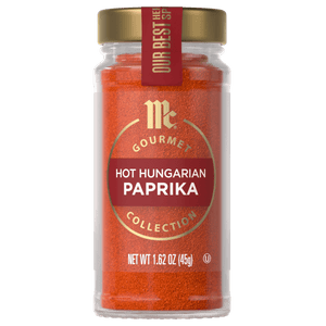 A jar of McCormick Gourmet Hot Hungarian Paprika is displayed.
