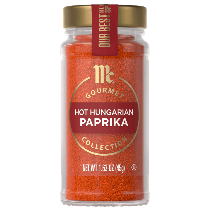 A jar of McCormick Gourmet Hot Hungarian Paprika is displayed.