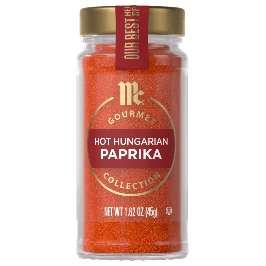 A jar of McCormick Gourmet Hot Hungarian Paprika is displayed.