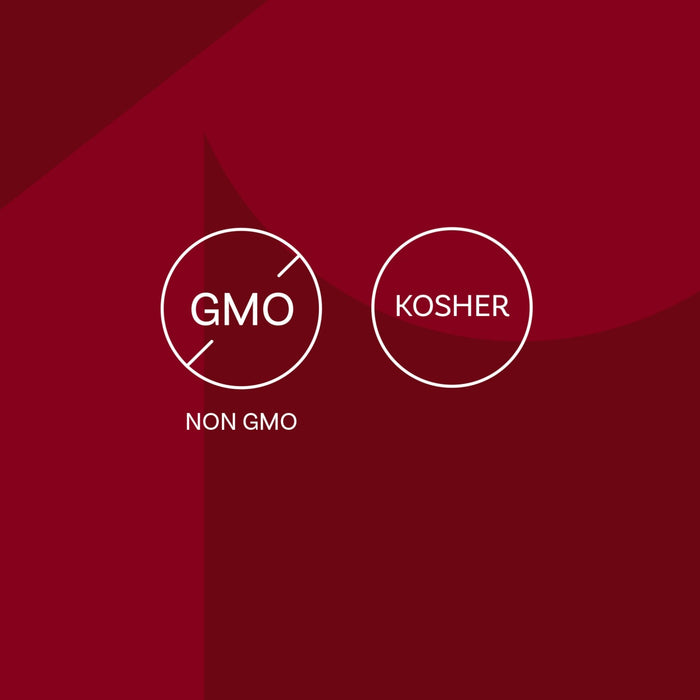 The image displays Non-GMO and Kosher certification symbols, indicating the product meets these standards.