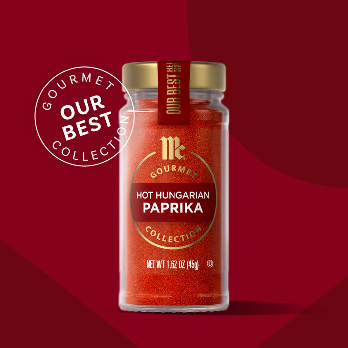 A jar of McCormick Gourmet Hot Hungarian Paprika is featured as part of their Our Best Collection.