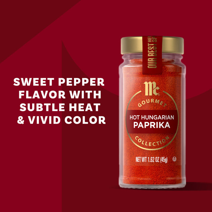 Rodriguez Hot Hungarian Paprika is shown in a glass jar with a gold lid, highlighting its sweet pepper flavor, subtle heat, and vivid color.