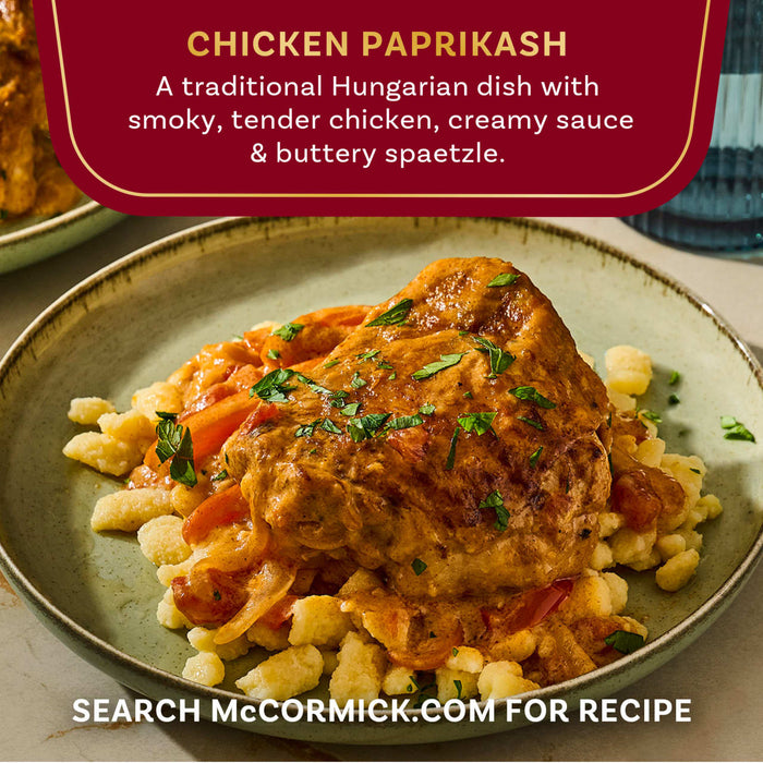 McCormick's Chicken Paprikash, a traditional Hungarian dish with creamy sauce and buttery spatzle, is shown on a plate.