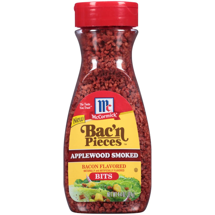 A jar of McCormick Bac'n Pieces Applewood Smoked Bacon Flavored Bits.