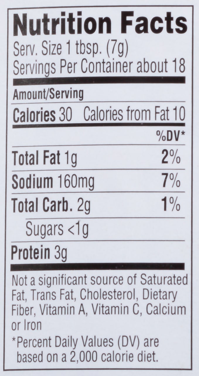 Nutrition facts label for a product with 30 calories per serving.