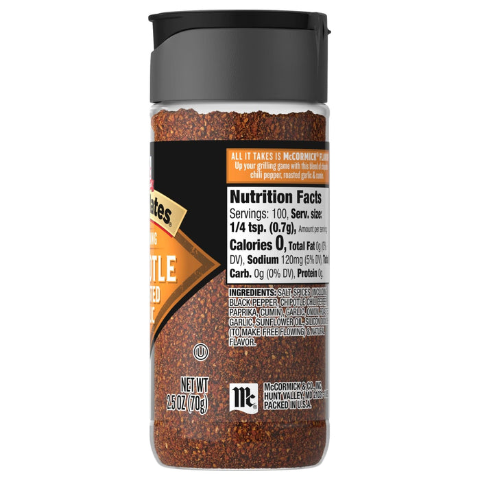 A bottle of McCormick Grill Mates Roasted Garlic &amp; Chipotle Chili Pepper seasoning.