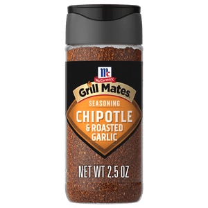 A bottle of McCormick Grill Mates Chipotle &amp; Roasted Garlic Seasoning.