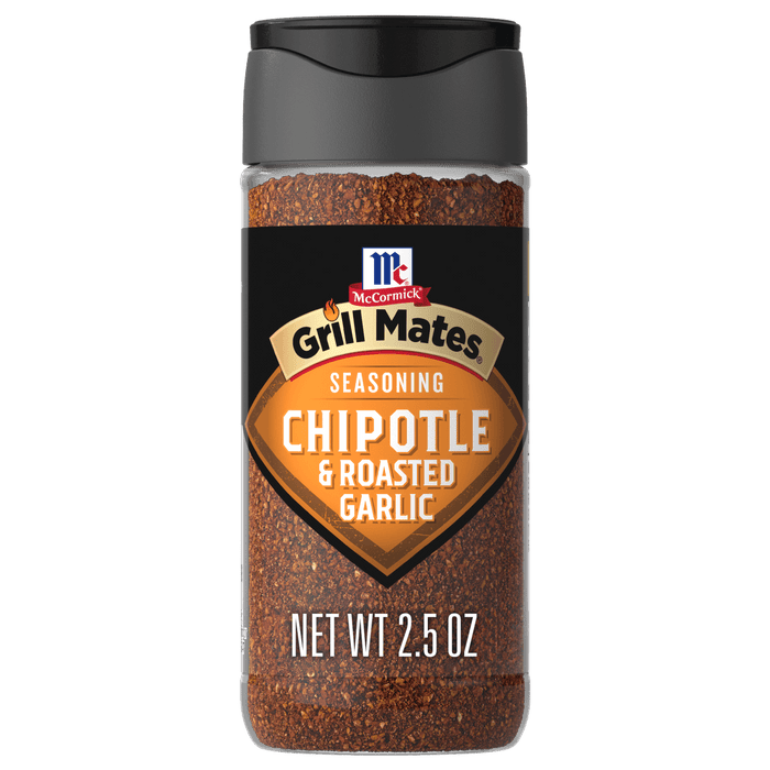 A bottle of McCormick Grill Mates Chipotle &amp; Roasted Garlic Seasoning.