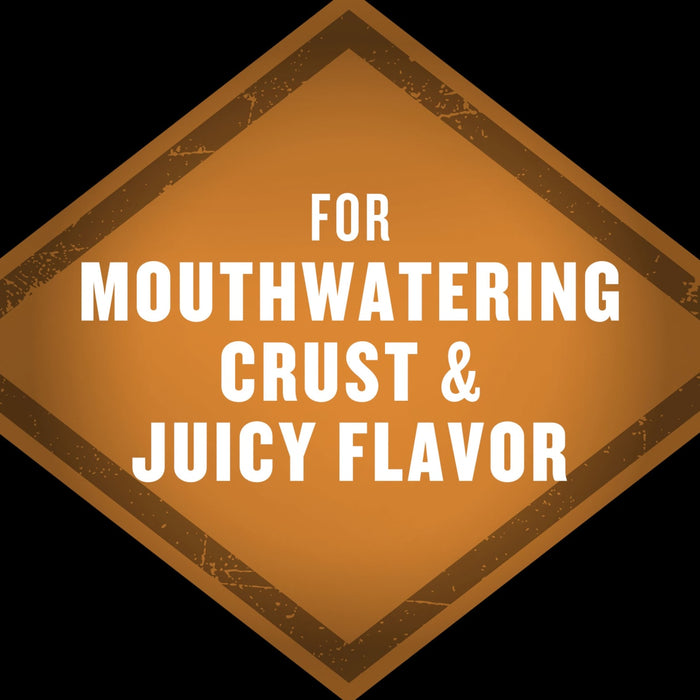 The image features a diamond-shaped badge with the text For Mouthwatering Crust &amp; Juicy Flavor in white, set against an orange background with a distressed texture.