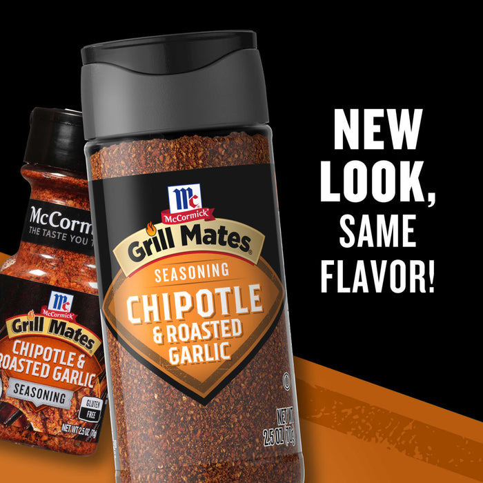 A McCormick Grill Mates Chipotle &amp; Roasted Garlic seasoning bottle is shown with the text New Look Same Flavor!