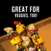 Grilled vegetable skewers with corn, zucchini, red pepper, and onion are displayed with the text Great for veggies, too!