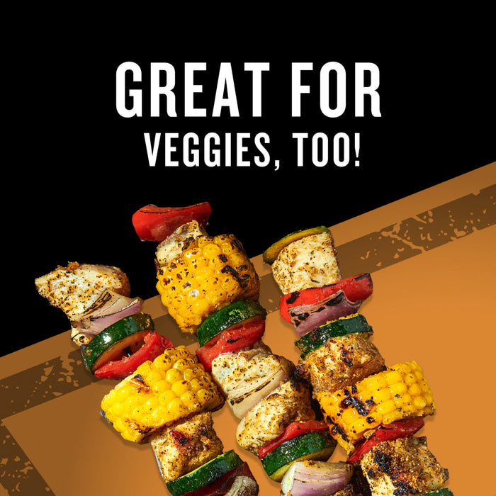 Grilled vegetable skewers with corn, zucchini, red pepper, and onion are displayed with the text Great for veggies, too!