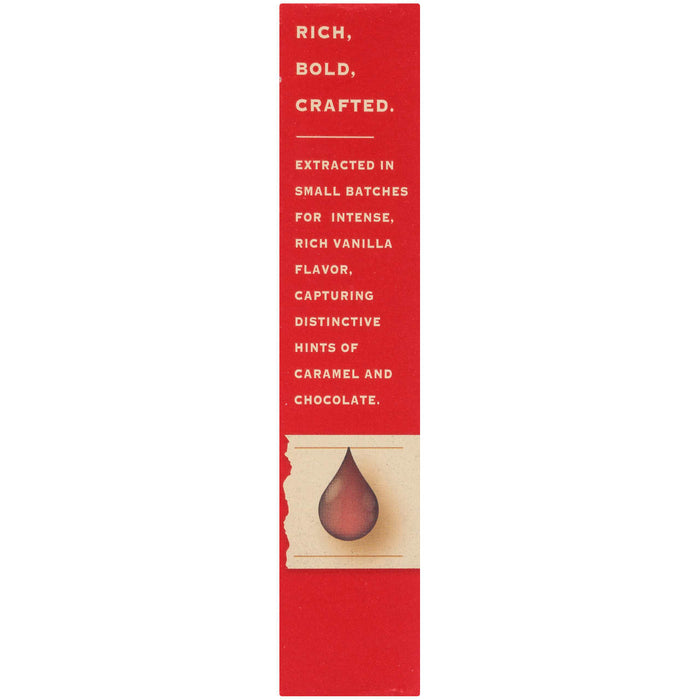A red label with white text describing the rich bold and crafted vanilla extract with hints of caramel and chocolate.