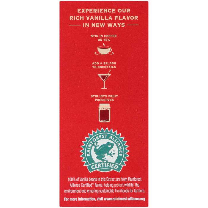 A red box with a Rainforest Alliance Certified logo and information about how to use vanilla extract.