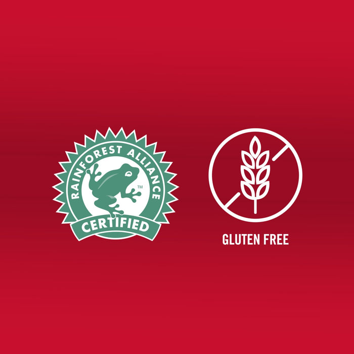 The image shows the Rainforest Alliance Certified seal and a Gluten Free symbol indicating that the product is both sustainably sourced and free of gluten.