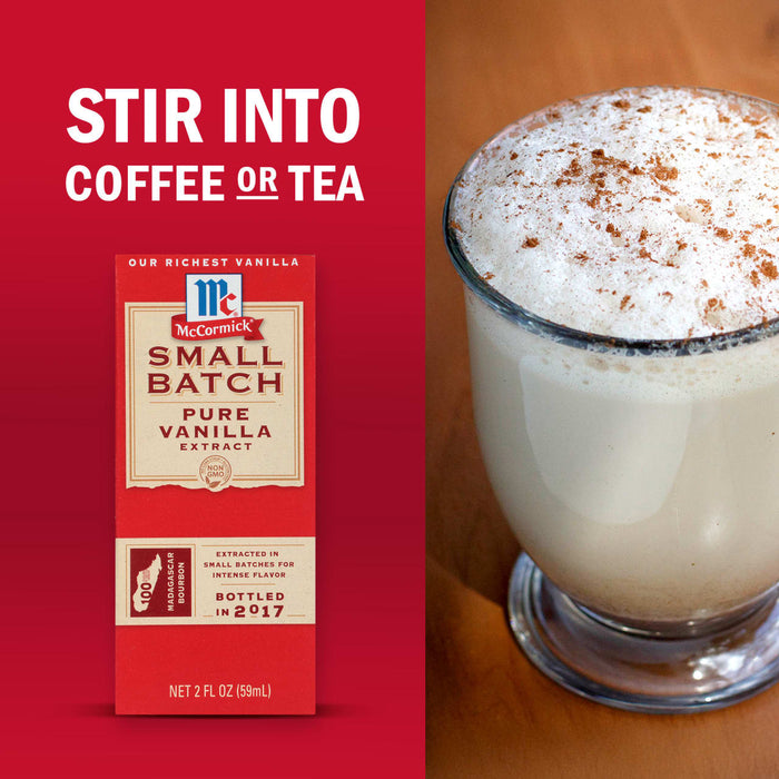 McCormick Small Batch Pure Vanilla Extract is suggested to be stirred into coffee or tea as shown next to a frothy beverage.