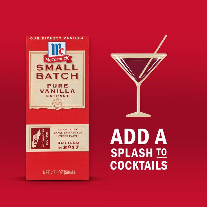 A bottle of McCormick Small Batch Pure Vanilla Extract is featured alongside a cocktail illustration promoting the addition of vanilla extract to cocktails.