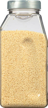 A clear plastic jar filled with sesame seeds.