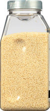 A clear jar filled with white sesame seeds.