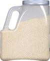 A plastic container filled with white sesame seeds.