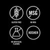 Illustrations showing that the product is gluten-free, contains no MSG, has no artificial flavors, and is Kosher.