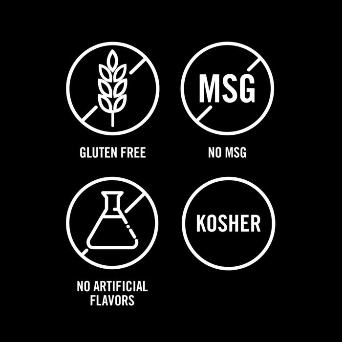 Illustrations showing that the product is gluten-free, contains no MSG, has no artificial flavors, and is Kosher.