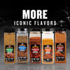 A variety of iconic flavors from the brand Meat Mitch are displayed in clear containers.