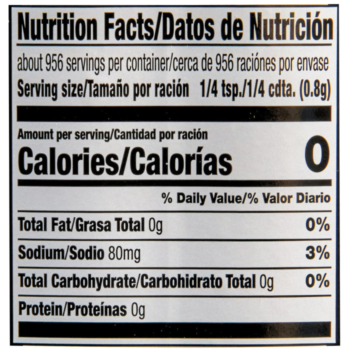 Nutrition facts label for a product with 0 calories per serving.
