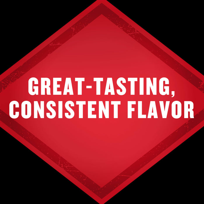 A red diamond shape with the text Great-Tasting, Consistent Flavor.