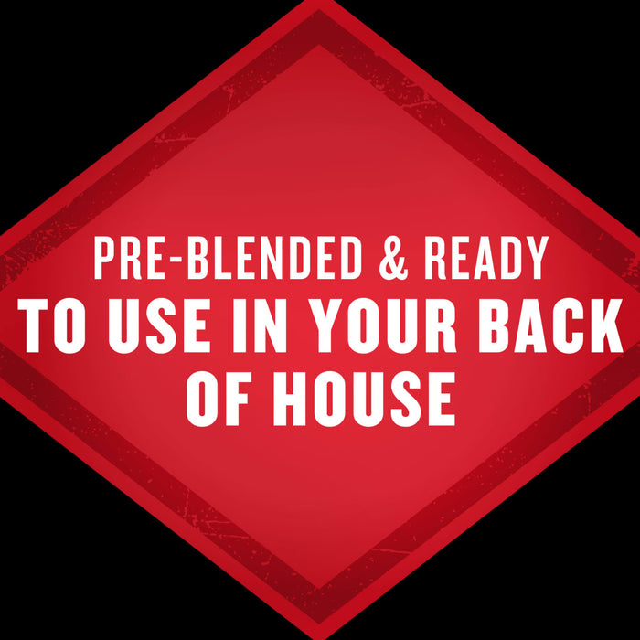 A red diamond-shaped badge with the text Pre-blended &amp; ready to use in your back of house.