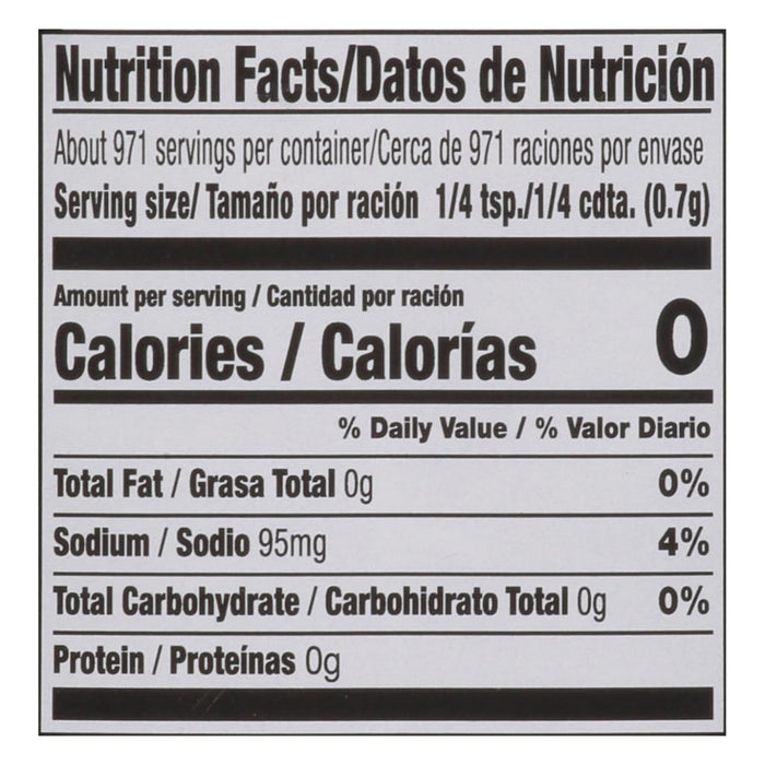 Nutrition facts label for a product with 0 calories per serving.