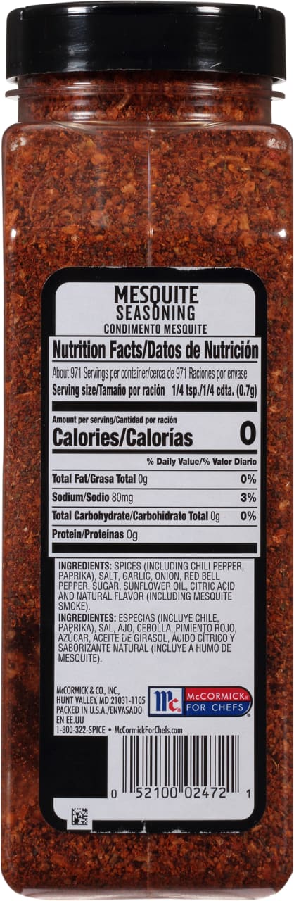 A McCormick For Chefs Mesquite Seasoning jar with nutrition facts and ingredients listed.
