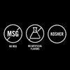 The image displays three circular icons indicating No MSG, No Artificial Flavors, and Kosher.