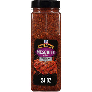 A container of McCormick Mesquite Seasoning is shown, highlighting its use for grilling.