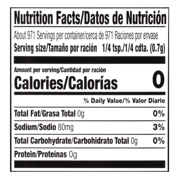 Nutrition facts label for a product with 0 calories per serving.