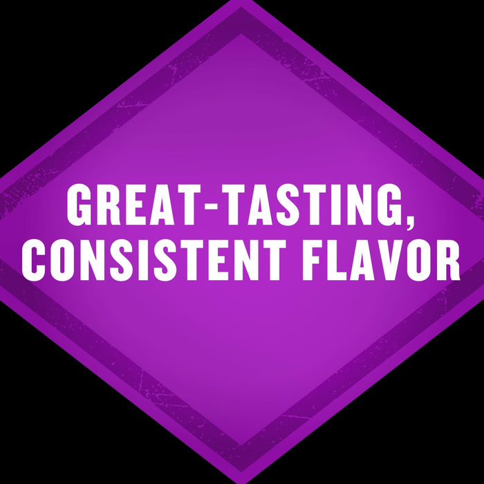 A purple diamond-shaped badge that reads Great-Tasting, Consistent Flavor.