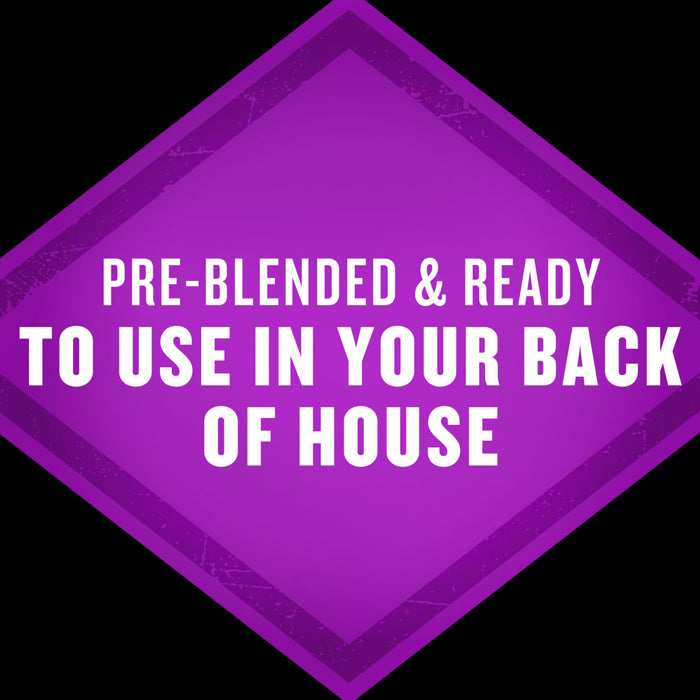 A purple diamond-shaped badge with the text Pre-blended &amp; ready to use in your back of house.