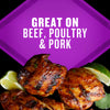 The image promotes a product that is great on beef, poultry, and pork, showcasing grilled chicken with lime wedges.