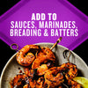 Grilled shrimp skewers are shown with text that suggests adding the product to sauces, marinades, breading, and batters.
