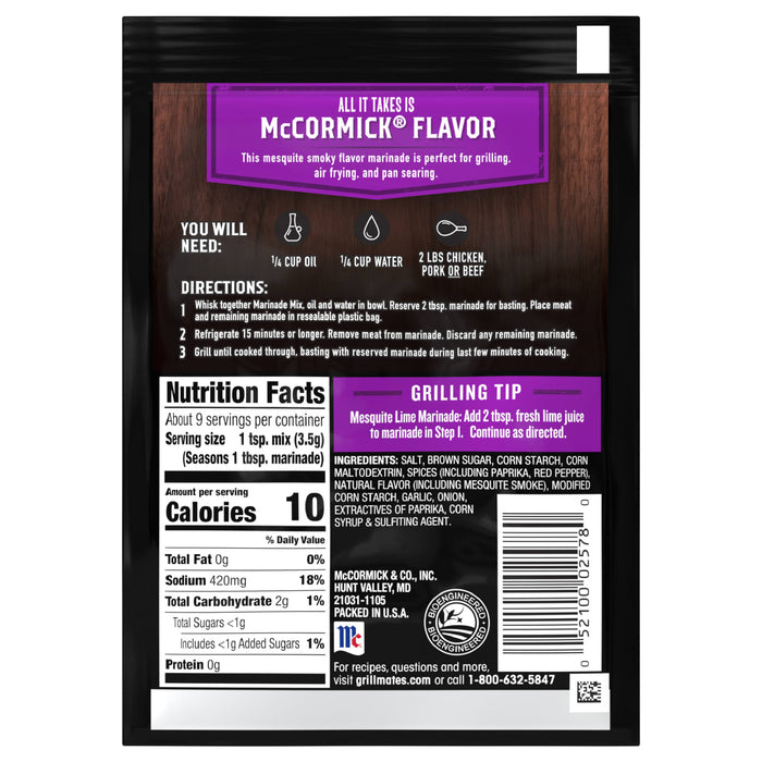 McCormick Flavor Mesquite marinade package with nutrition facts and grilling tips.