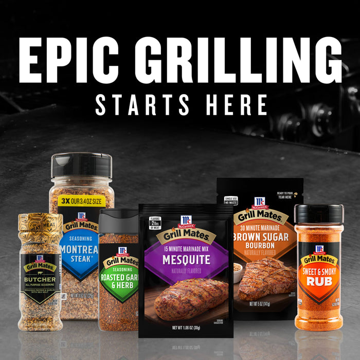 A variety of McCormick Grill Mates seasonings are displayed with the text Epic Grilling Starts Here above them.
